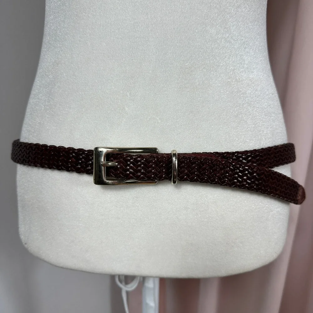 Vintage‎ Woven Leather Braided Belt Brown Solid Brass Size Medium 42